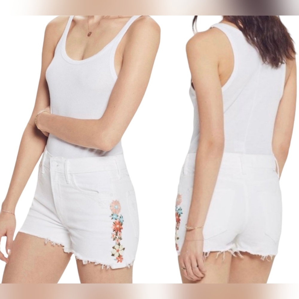 MOTHER White Floral Embroidered Women Shorts